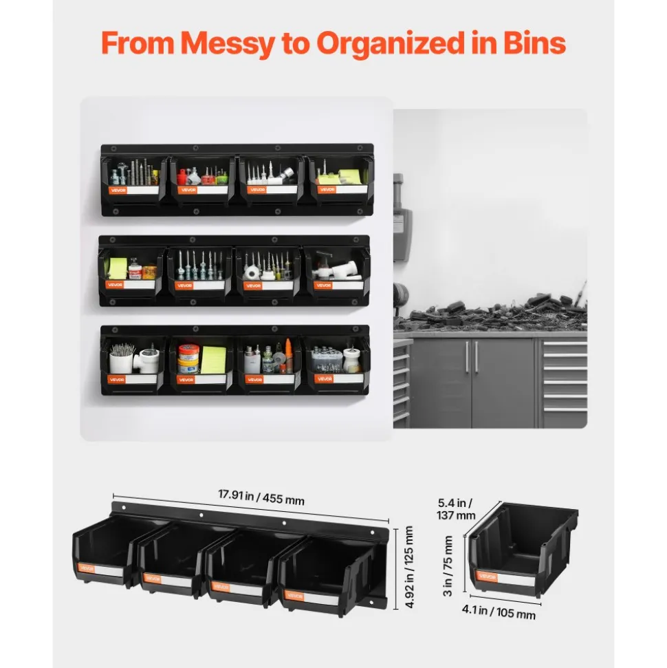 VEVOR Wall Mounted Storage Bins, 12 Plastic Bins & 3 Metal Rails, Plastic Hanging Stackable Storage Bin for Screws, Nuts, Bolts, Nails, Hardware Tool Organizer for Workshop, Craft Room, Garage, Black