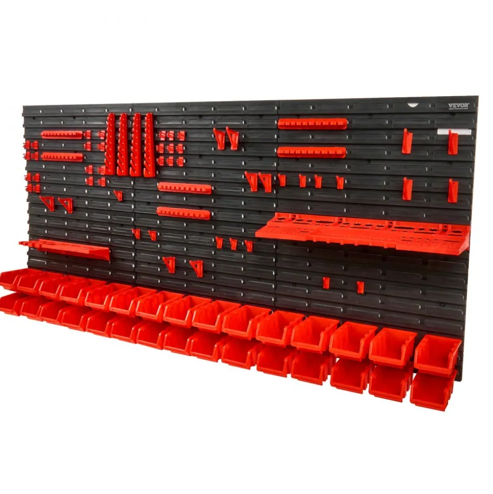 VEVOR Wall Mounted Storage Bins, 30-Bin Parts Rack Organizer Garage Plastic Shop Tool with Wall Panels/Tool Holders/Hooks, Tool Organizer for Nuts, Bolts, Screws, Nails, Beads, Buttons, Black and Red