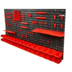 VEVOR Wall Mounted Storage Bins, 30-Bin Parts Rack Organizer Garage Plastic Shop Tool with Wall Panels/Tool Holders/Hooks, Tool Organizer for Nuts, Bolts, Screws, Nails, Beads, Buttons, Black and Red