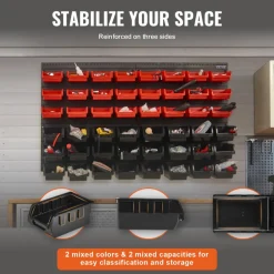 VEVOR Wall Mounted Storage Bins, 48-Bin Parts Rack Organizer Garage Plastic Shop Tool with Wall Panels, Tool Organizer for Nuts, Bolts, Screws, Nails, Beads, Buttons, Other Small Parts, Black and Red