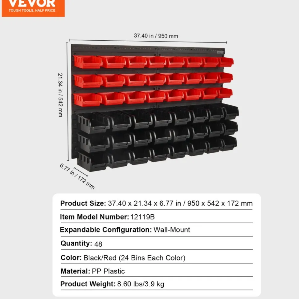 VEVOR Wall Mounted Storage Bins, 48-Bin Parts Rack Organizer Garage Plastic Shop Tool with Wall Panels, Tool Organizer for Nuts, Bolts, Screws, Nails, Beads, Buttons, Other Small Parts, Black and Red