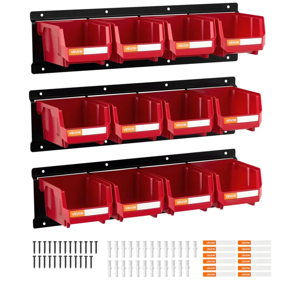 VEVOR Wall Mounted Storage Bins, 12 Plastic Bins & 3 Metal Rails, Plastic Hanging Stackable Storage Bin for Screws, Nuts, Bolts, Nails, Hardware Tool Organizer for Workshop, Craft Room, Garage, Red