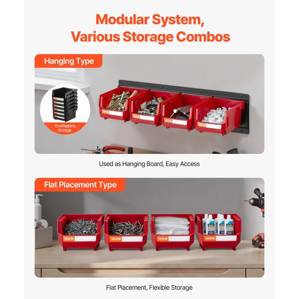 VEVOR Wall Mounted Storage Bins, 12 Plastic Bins & 3 Metal Rails, Plastic Hanging Stackable Storage Bin for Screws, Nuts, Bolts, Nails, Hardware Tool Organizer for Workshop, Craft Room, Garage, Red
