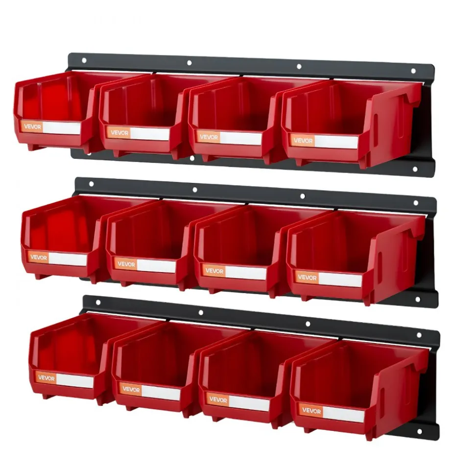 VEVOR Wall Mounted Storage Bins, 12 Plastic Bins & 3 Metal Rails, Plastic Hanging Stackable Storage Bin for Screws, Nuts, Bolts, Nails, Hardware Tool Organizer for Workshop, Craft Room, Garage, Red