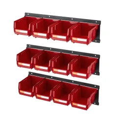 VEVOR Wall Mounted Storage Bins, 12 Plastic Bins & 3 Metal Rails, Plastic Hanging Stackable Storage Bin for Screws, Nuts, Bolts, Nails, Hardware Tool Organizer for Workshop, Craft Room, Garage, Red