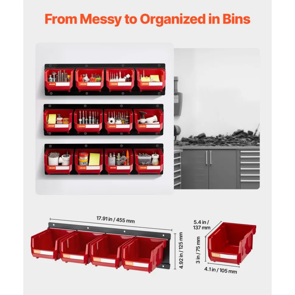 VEVOR Wall Mounted Storage Bins, 12 Plastic Bins & 3 Metal Rails, Plastic Hanging Stackable Storage Bin for Screws, Nuts, Bolts, Nails, Hardware Tool Organizer for Workshop, Craft Room, Garage, Red