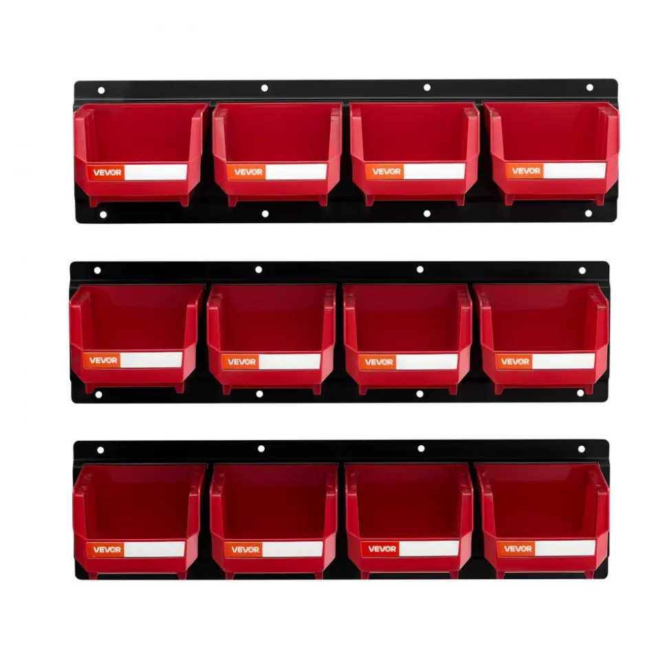 VEVOR Wall Mounted Storage Bins, 12 Plastic Bins & 3 Metal Rails, Plastic Hanging Stackable Storage Bin for Screws, Nuts, Bolts, Nails, Hardware Tool Organizer for Workshop, Craft Room, Garage, Red