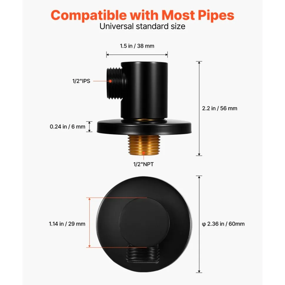 VEVOR Wall Mounted Supply Elbow, Wall Supply Elbow with O-Ring Flange, Tapered 1/2" NPT Female Inlet, Solid Brass Wall Union, Round Walls Union Water Supplying, Matte Black Finish, 1/2" IPS