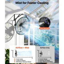 VEVOR Wall Mount Fan, 20 in Wall Mounted Hanging Fan with Mist, IP44-rated Protection, 3-Speed, Long Airflow Distance, Adjustable Rotation Angle, Powerful for Industry, Commercial, Garage, Workshop