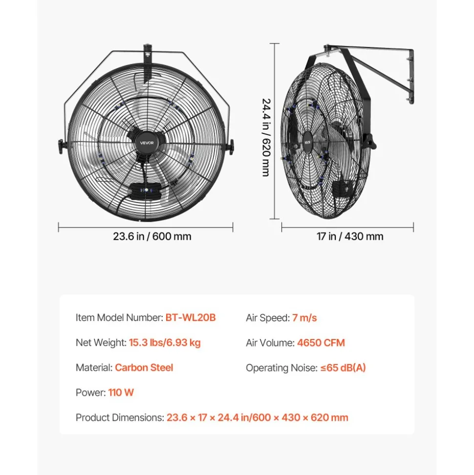 VEVOR Wall Mount Fan, 20 in Wall Mounted Hanging Fan with Mist, IP44-rated Protection, 3-Speed, Long Airflow Distance, Adjustable Rotation Angle, Powerful for Industry, Commercial, Garage, Workshop
