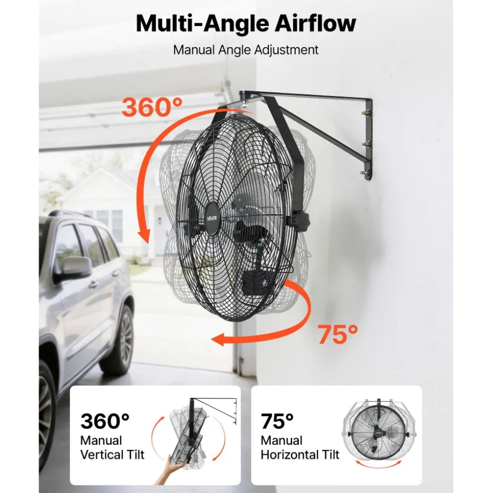 VEVOR Wall Mount Fan, 18 in Wall Mounted Hanging Fan with IP44-rated Protection, 3-Speed, Long Airflow Distance, Adjustable Rotation Angle, Powerful for Industry, Commercial, Garage, Workshop
