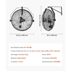 VEVOR Wall Mount Fan, 18 in Wall Mounted Hanging Fan with IP44-rated Protection, 3-Speed, Long Airflow Distance, Adjustable Rotation Angle, Powerful for Industry, Commercial, Garage, Workshop