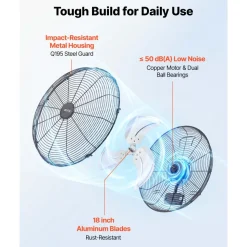 VEVOR Wall Mount Fan, 18 in Wall Mounted Hanging Fan with IP44-rated Protection, 3-Speed, Long Airflow Distance, Adjustable Rotation Angle, Powerful for Industry, Commercial, Garage, Workshop