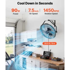 VEVOR Wall Mount Fan, 18 in Wall Mounted Hanging Fan with IP44-rated Protection, 3-Speed, Long Airflow Distance, Adjustable Rotation Angle, Powerful for Industry, Commercial, Garage, Workshop, 2 Pack