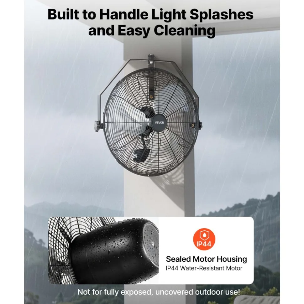 VEVOR Wall Mount Fan, 20 in Wall Mounted Hanging Fan with Oscillating & Mist, Remote, IP44-rated, 3-Speed, 18h Timer, Temperature Control, Powerful for Industry, Commercial, Garage, Workshop, Gym