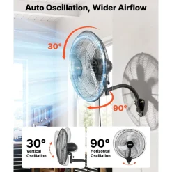 VEVOR Wall Mount Fan, 20 in Wall Mounted Hanging Fan Oscillating, 3-Speed, Long Airflow Distance, Adjustable Rotation Angle, Mechanical Powerful for Industry, Commercial, Garage, Workshop, Gym, Black