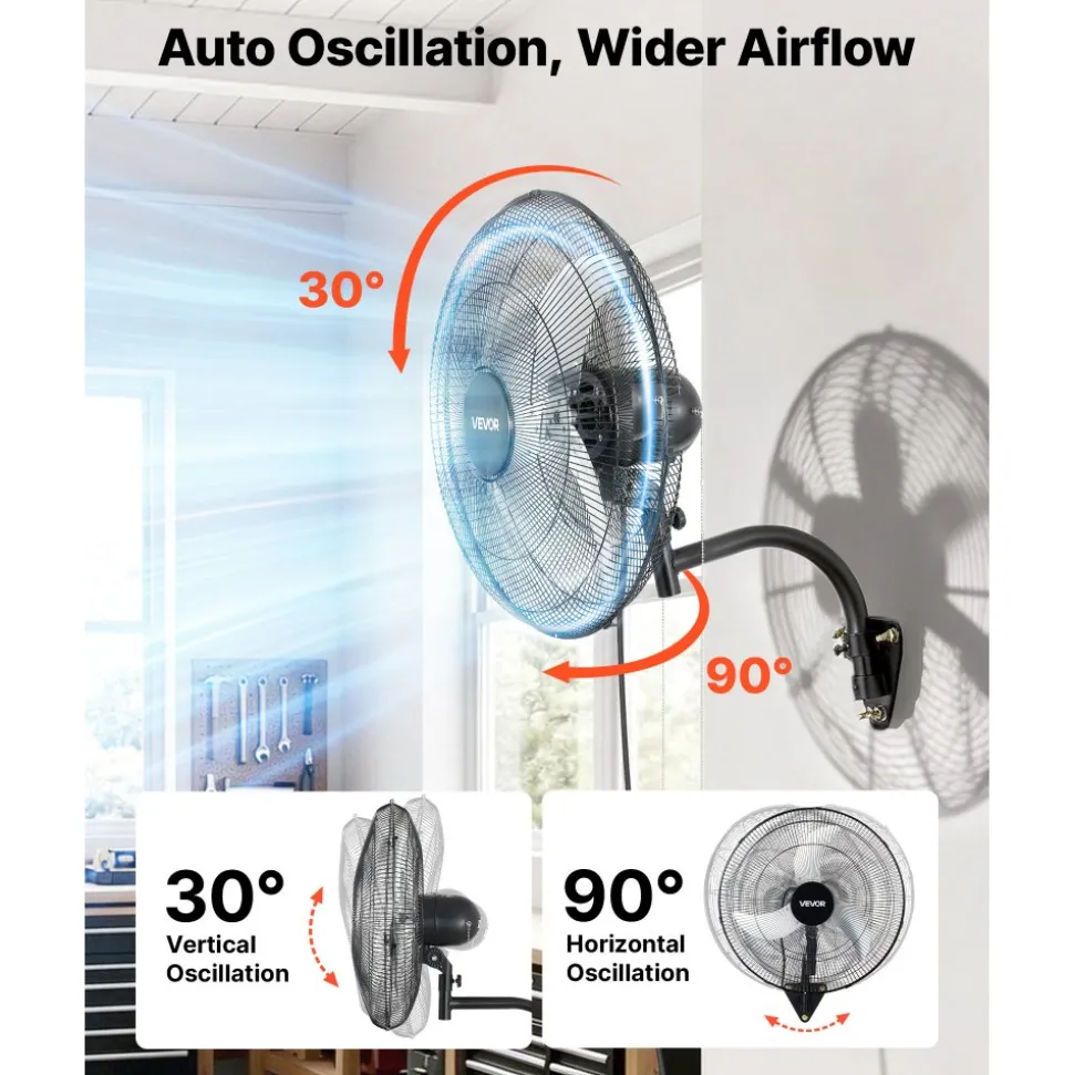 VEVOR Wall Mount Fan, 20 in Wall Mounted Hanging Fan Oscillating, 3-Speed, Long Airflow Distance, Adjustable Rotation Angle, Mechanical Powerful for Industry, Commercial, Garage, Workshop, Gym, Black