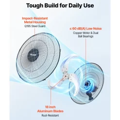 VEVOR Wall Mount Fan, 18 in Wall Mounted Hanging Fan Oscillating, 3-Speed, Long Airflow Distance, Adjustable Rotation Angle, Mechanical Powerful for Industry, Commercial, Garage, Workshop, Gym, Black