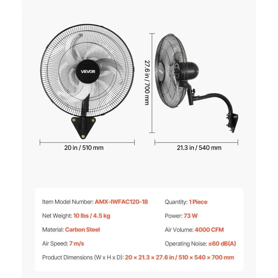 VEVOR Wall Mount Fan, 18 in Wall Mounted Hanging Fan Oscillating, 3-Speed, Long Airflow Distance, Adjustable Rotation Angle, Mechanical Powerful for Industry, Commercial, Garage, Workshop, Gym, Black