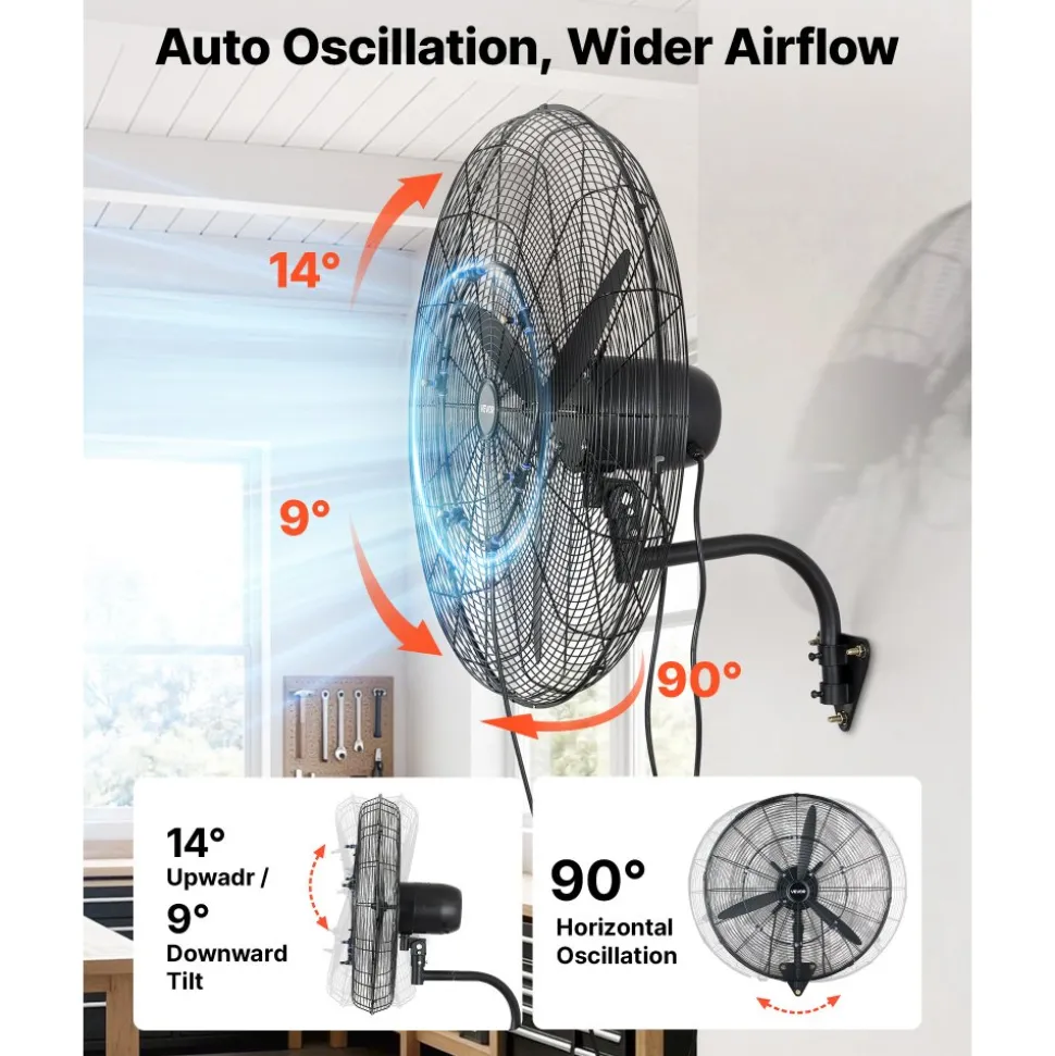 VEVOR Wall Mount Fan, 30 in Wall Mounted Hanging Fan with Oscillating & Mist, IP44-rated, 3-Speed, Powerful Air Reach, Mechanical Control, Long Airflow for Industry, Commercial, Garage, Workshop, Gym