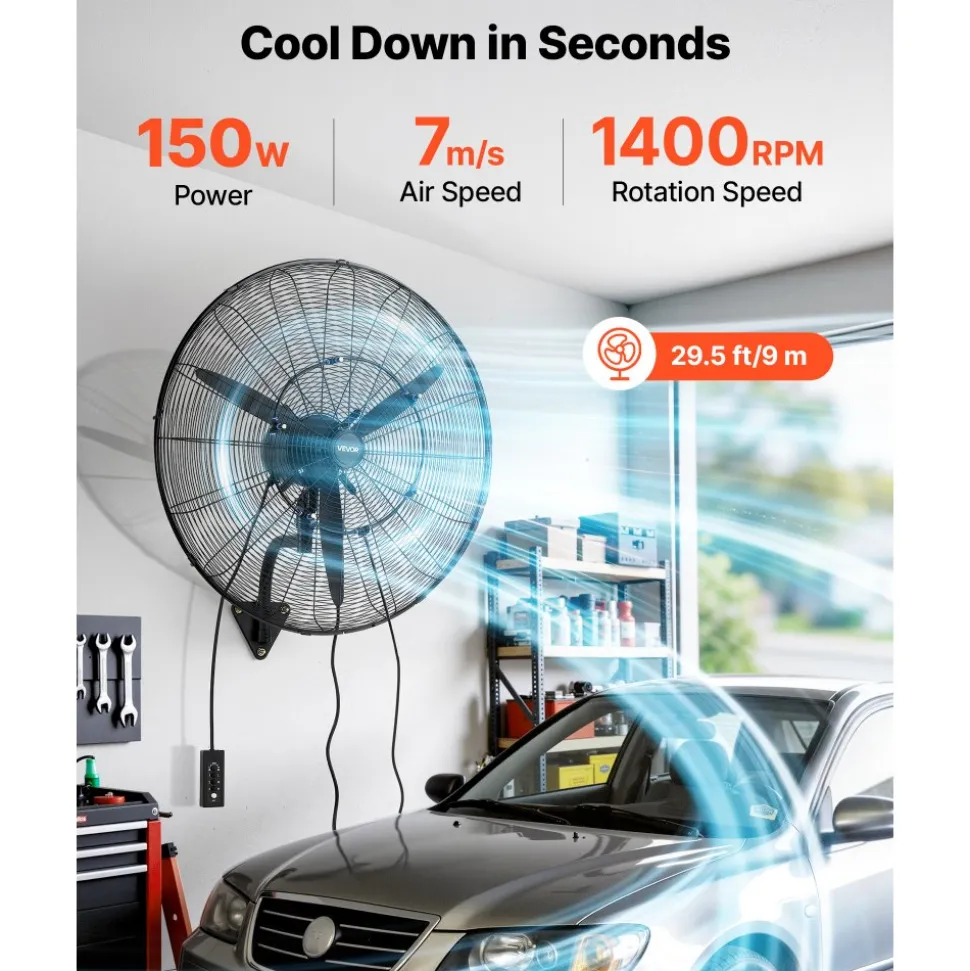 VEVOR Wall Mount Fan, 30 in Wall Mounted Hanging Fan with Oscillating & Mist, IP44-rated, 3-Speed, Powerful Air Reach, Mechanical Control, Long Airflow for Industry, Commercial, Garage, Workshop, Gym