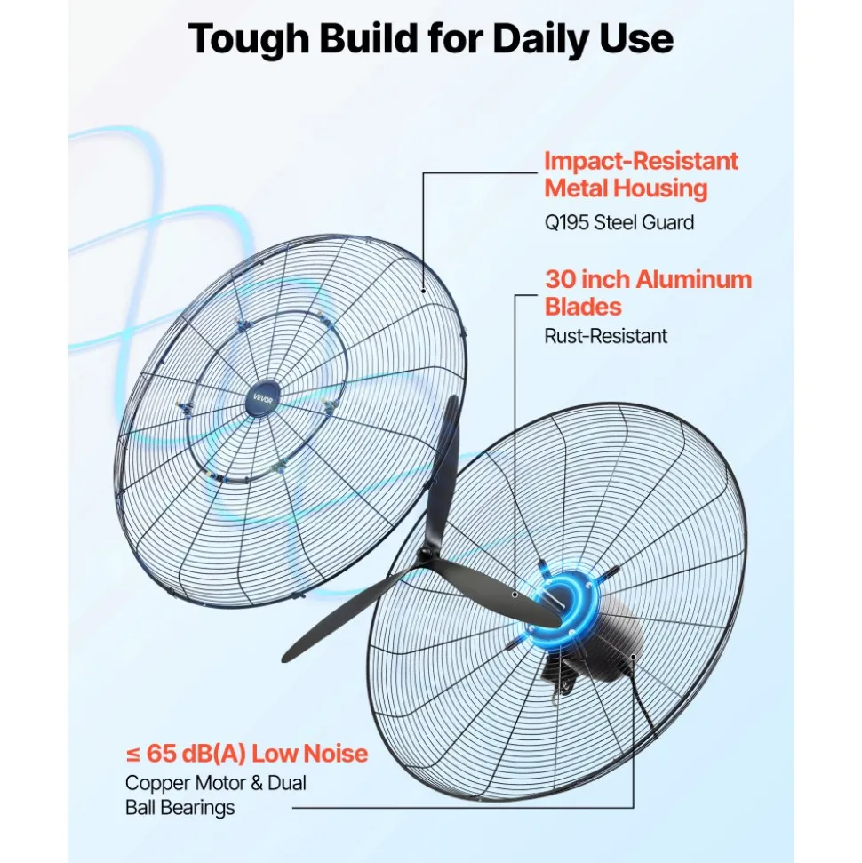 VEVOR Wall Mount Fan, 30 in Wall Mounted Hanging Fan with Oscillating & Mist, IP44-rated, 3-Speed, Powerful Air Reach, Mechanical Control, Long Airflow for Industry, Commercial, Garage, Workshop, Gym