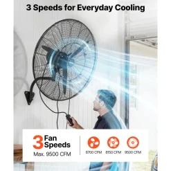 VEVOR Wall Mount Fan, 30 in Wall Mounted Hanging Fan with Oscillating & Mist, IP44-rated, 3-Speed, Powerful Air Reach, Mechanical Control, Long Airflow for Industry, Commercial, Garage, Workshop, Gym