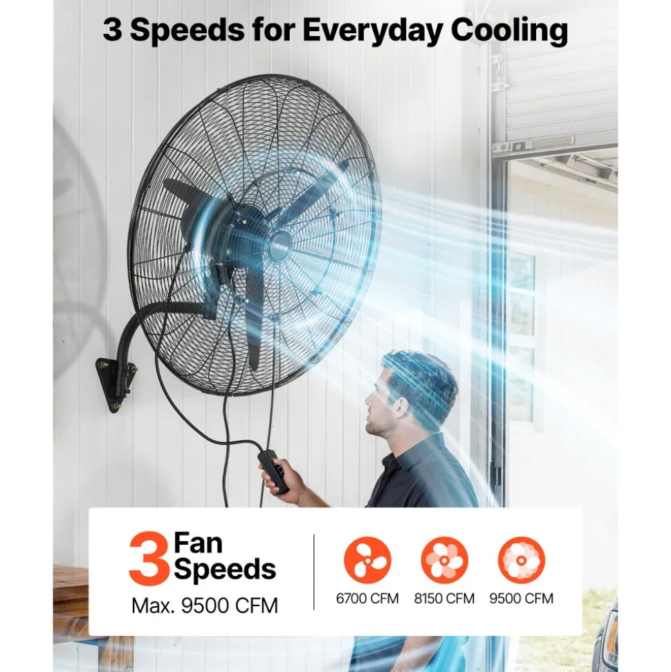 VEVOR Wall Mount Fan, 30 in Wall Mounted Hanging Fan with Oscillating & Mist, IP44-rated, 3-Speed, Powerful Air Reach, Mechanical Control, Long Airflow for Industry, Commercial, Garage, Workshop, Gym