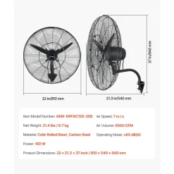 VEVOR Wall Mount Fan, 30 in Wall Mounted Hanging Fan with Oscillating & Mist, IP44-rated, 3-Speed, Powerful Air Reach, Mechanical Control, Long Airflow for Industry, Commercial, Garage, Workshop, Gym