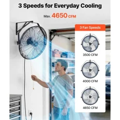 VEVOR Wall Mount Fan, 20 in Wall Mounted Hanging Fan, 3-Speed, Long Airflow Distance, Adjustable Rotation Angle, Mechanical Control, Powerful for Industry, Commercial, Garage, Workshop, Gym, 2 Pack