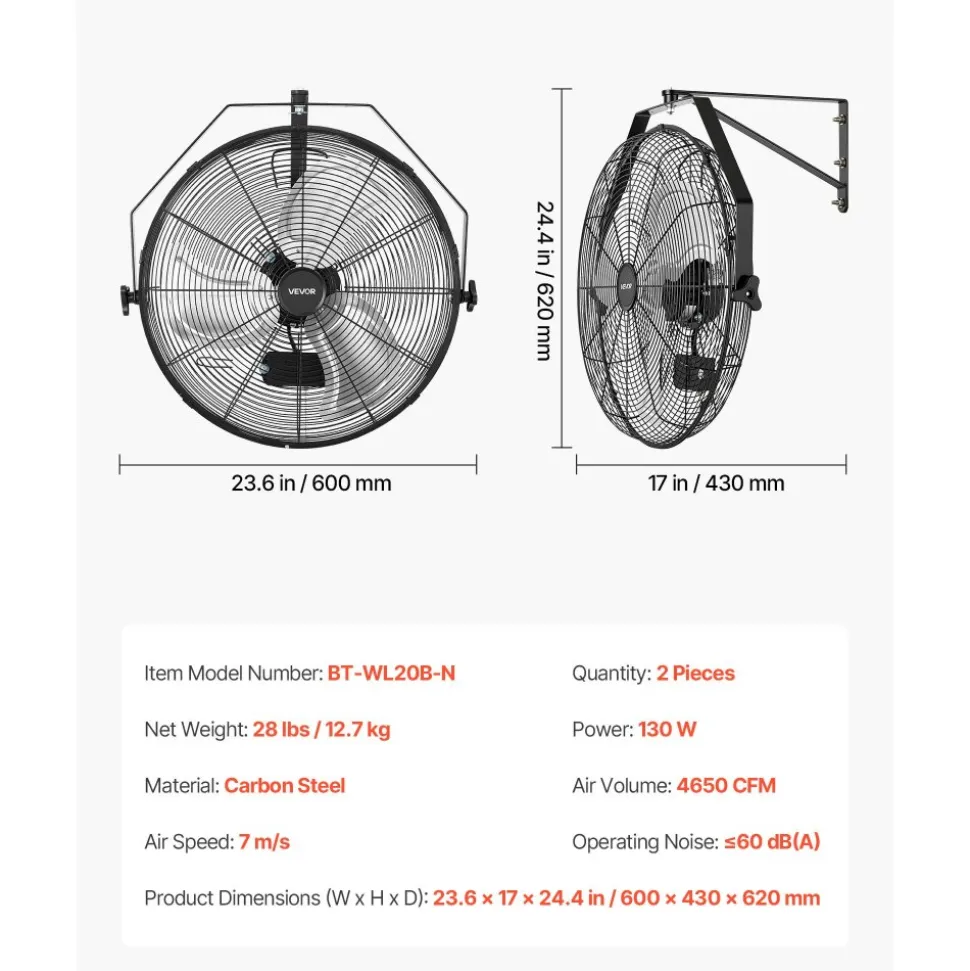 VEVOR Wall Mount Fan, 20 in Wall Mounted Hanging Fan, 3-Speed, Long Airflow Distance, Adjustable Rotation Angle, Mechanical Control, Powerful for Industry, Commercial, Garage, Workshop, Gym, 2 Pack