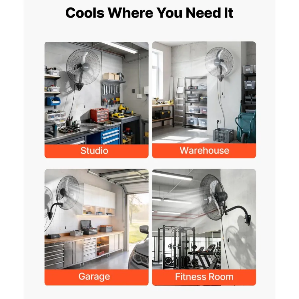 VEVOR Wall Mount Fan, 20 in Wall Mounted Hanging Fan Oscillating, 3-Speed, Long Airflow Distance, Adjustable Rotation Angle, Mechanical Powerful for Industry, Commercial, Garage, Workshop, Gym, 2 Pack