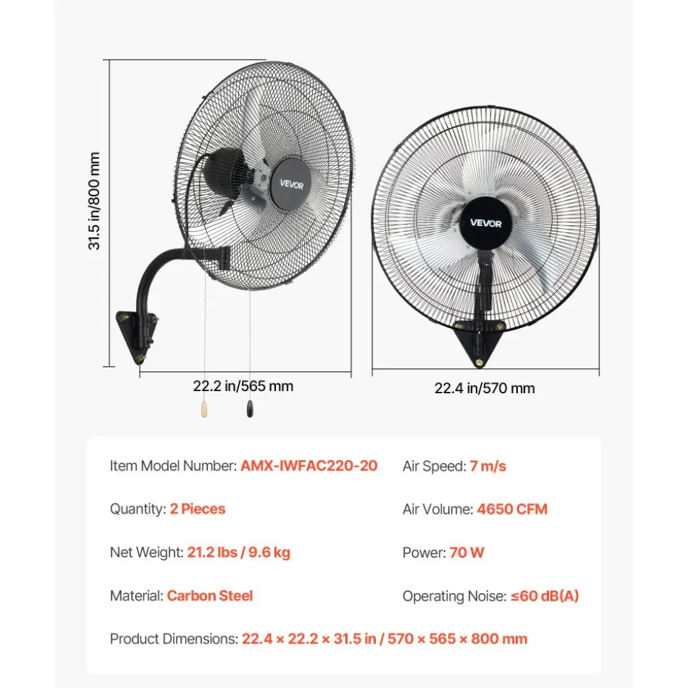 VEVOR Wall Mount Fan, 20 in Wall Mounted Hanging Fan Oscillating, 3-Speed, Long Airflow Distance, Adjustable Rotation Angle, Mechanical Powerful for Industry, Commercial, Garage, Workshop, Gym, 2 Pack