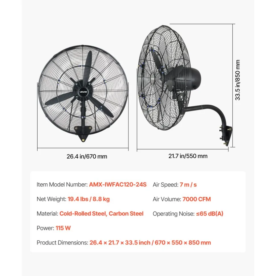 VEVOR Wall Mount Fan, 24 in Wall Mounted Hanging Fan with Oscillating & Mist, IP44-rated, 3-Speed, Powerful Air Reach, Mechanical Control, Long Airflow for Industry, Commercial, Garage, Workshop