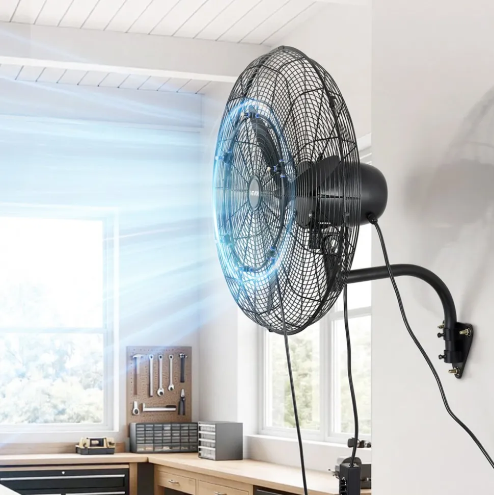 VEVOR Wall Mount Fan, 24 in Wall Mounted Hanging Fan with Oscillating & Mist, IP44-rated, 3-Speed, Powerful Air Reach, Mechanical Control, Long Airflow for Industry, Commercial, Garage, Workshop