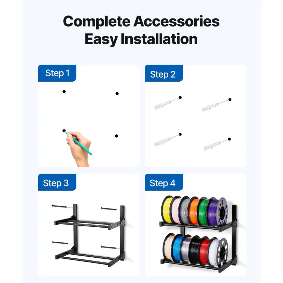 VEVOR Wall Mount Printer Filament Storage Rack, 2-Tier Wall Bracket Storage Shelf, Rolling Filament Spool Holders Racks with Wheels, Filaments Organzied for 3D Printing Studio, Workshop (Shelf Only)