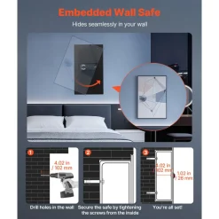 VEVOR Wall Safe, 3-Tier Hidden Wall Mounted Safe with Password & Key, Q235 Cold-Rolled Steel In-Wall Box with LED Lighting, 2 Adjustable Shelves & 5 Key Holders for Money, Jewelry, Passport, Black