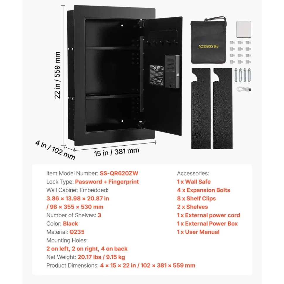 VEVOR Wall Safe, 3-Tier Hidden Wall Safe with Fingerprint, Password, Key & Turning Knob, Q235 Cold-Rolled Steel In-Wall Box with Adjustable Shelves & Key Holders for Money, Jewelry, Passport, Document