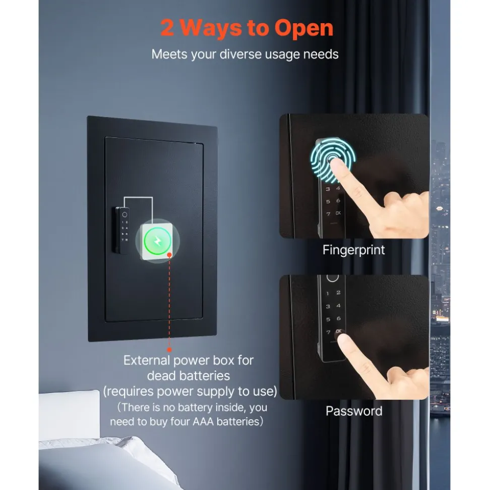 VEVOR Wall Safe, 3-Tier Hidden Wall Safe with Fingerprint, Password, Key & Turning Knob, Q235 Cold-Rolled Steel In-Wall Box with Adjustable Shelves & Key Holders for Money, Jewelry, Passport, Document