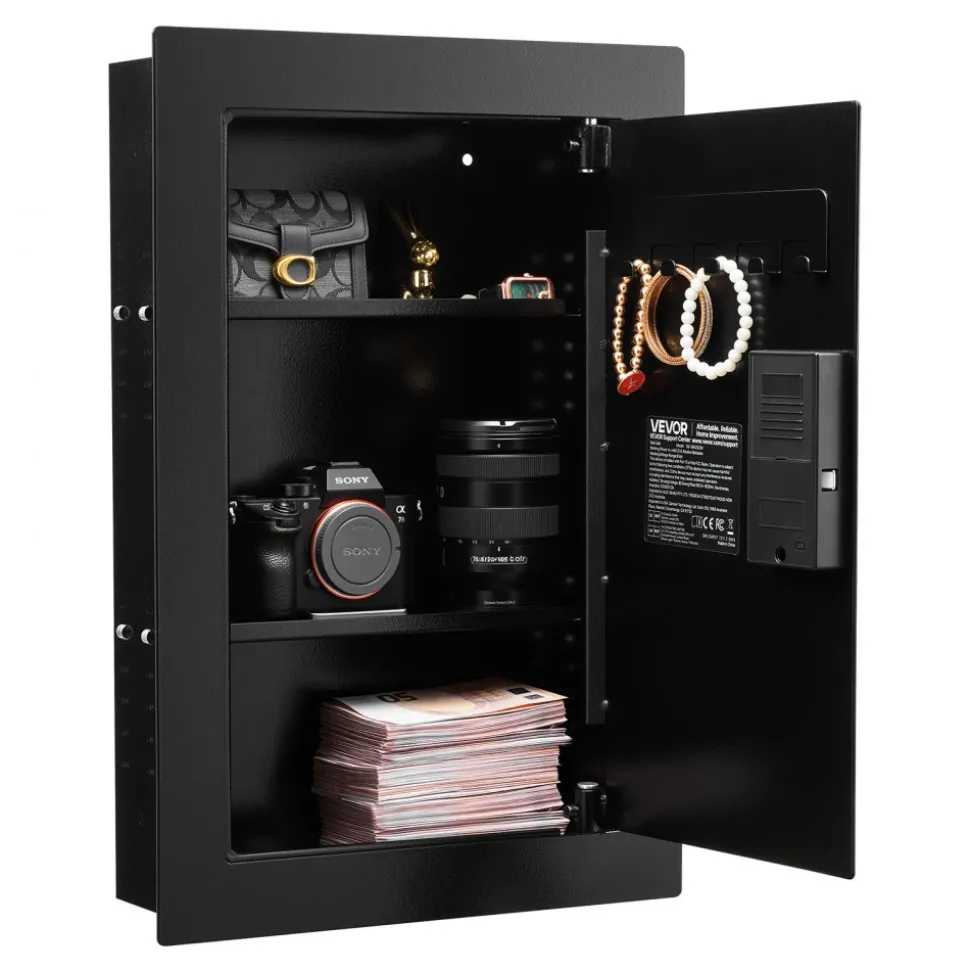 VEVOR Wall Safe, 3-Tier Hidden Wall Safe with Fingerprint, Password, Key & Turning Knob, Q235 Cold-Rolled Steel In-Wall Box with Adjustable Shelves & Key Holders for Money, Jewelry, Passport, Document
