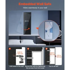 VEVOR Wall Safe, 4-Tier Hidden Wall Mounted Gun Safe with Password & Key, Q235 Cold-Rolled Steel In-Wall Box with LED Lighting, 3 Adjustable Shelves & Key Holders for Money, Jewelry, Passport, Black