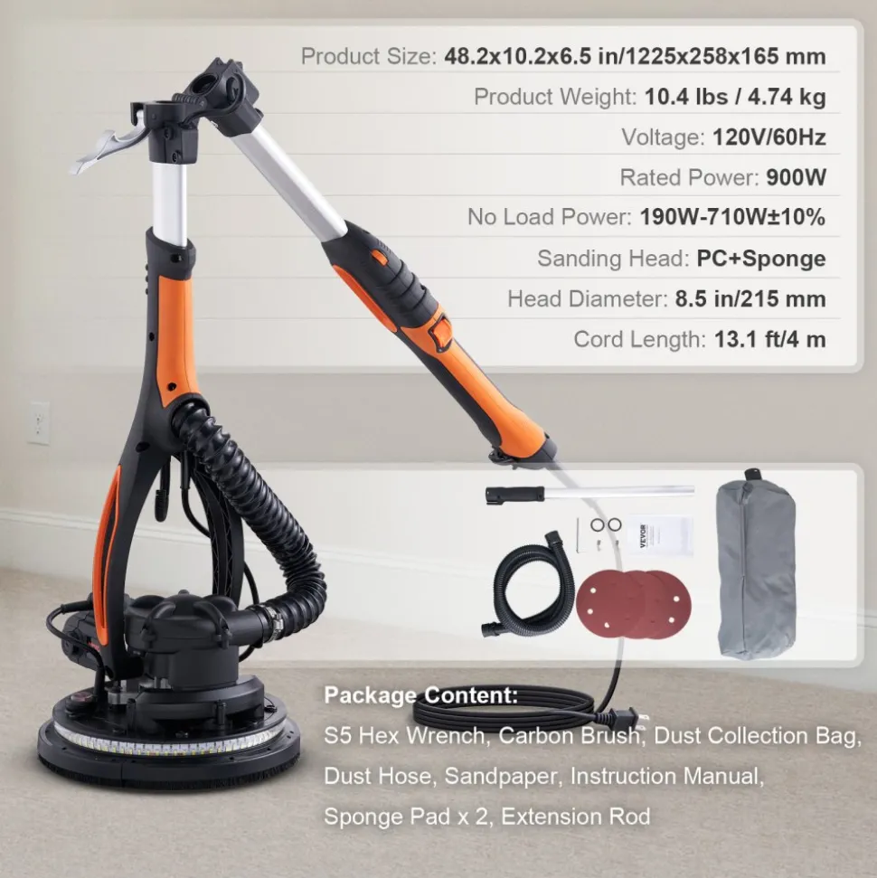 VEVOR Wall Smoother, 900W Drywall Sander, Includes 12 Sanding Pads, Adjustable Speeds from 800-1800 RPM, 3 Vacuum Tubes, Collapsible Design for Ceilings, Dual LED, Telescopic Grip & Dust Collector