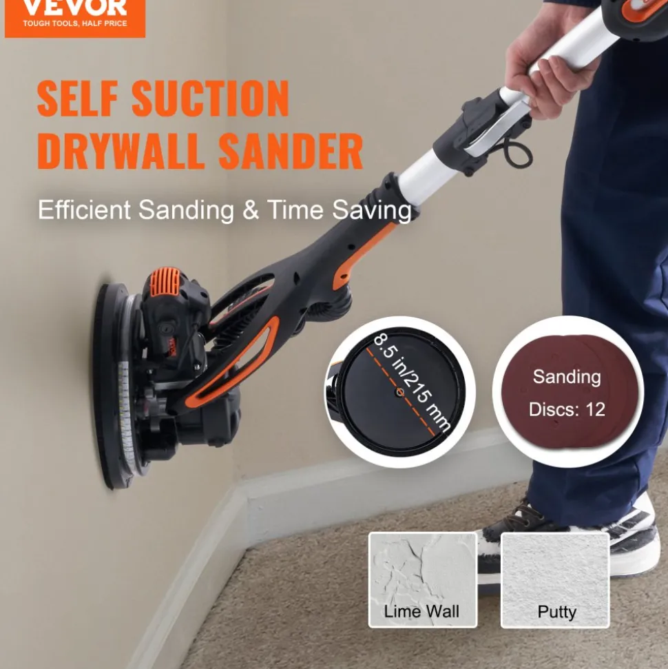 VEVOR Wall Smoother, 900W Drywall Sander, Includes 12 Sanding Pads, Adjustable Speeds from 800-1800 RPM, 3 Vacuum Tubes, Collapsible Design for Ceilings, Dual LED, Telescopic Grip & Dust Collector