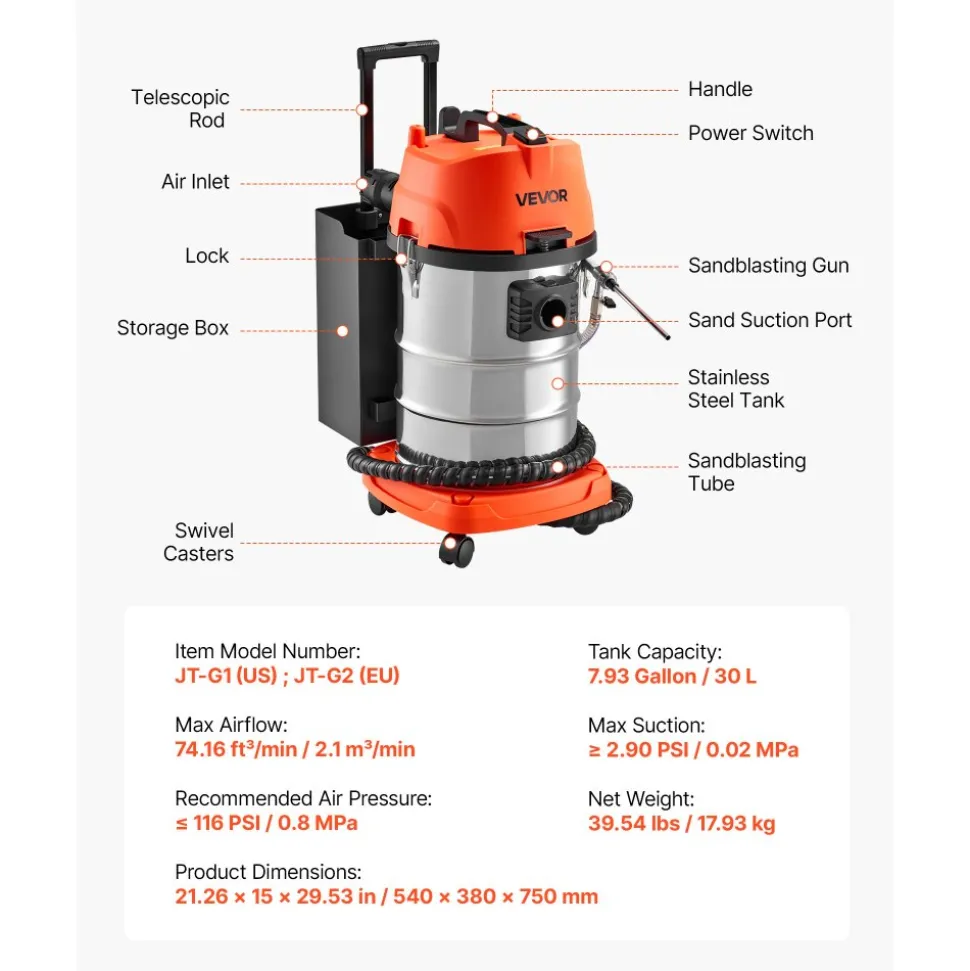 VEVOR Walnut Blaster Kit for Carbon Cleaning, 1200W Sand Blaster with Built-in Vacuum, Extension Nozzle Sandblaster Gun, and 5.5lbs Walnut Shell for Engine Intake Valve Cleaning - 30L