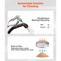 VEVOR Walnut Blaster Kit for Carbon Cleaning, 1200W Sand Blaster with Built-in Vacuum, Extension Nozzle Sandblaster Gun, and 5.5lbs Walnut Shell for Engine Intake Valve Cleaning - 30L