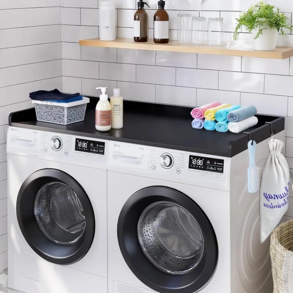 VEVOR Washer Dryer Countertop with Shelf, 54 x 27.5 in Wooden Washer and Dryer Topper with 2 Drawers & 2 Hooks, Laundry Machine Topper for Laundry Closet Pantry Counter Organization and Storage, White