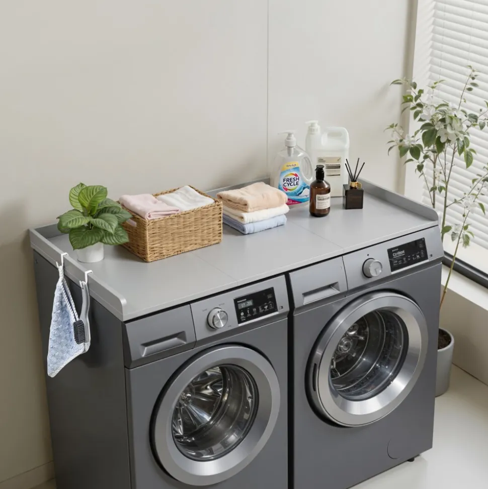 VEVOR Washer Dryer Countertop with 2-Tier Shelf, 54" x 27" Wooden Washer and Dryer Countertop with Anti-Slip Pads, Water-Resistant Laundry Topper Cover for Laundry Room Organization and Storage, Black
