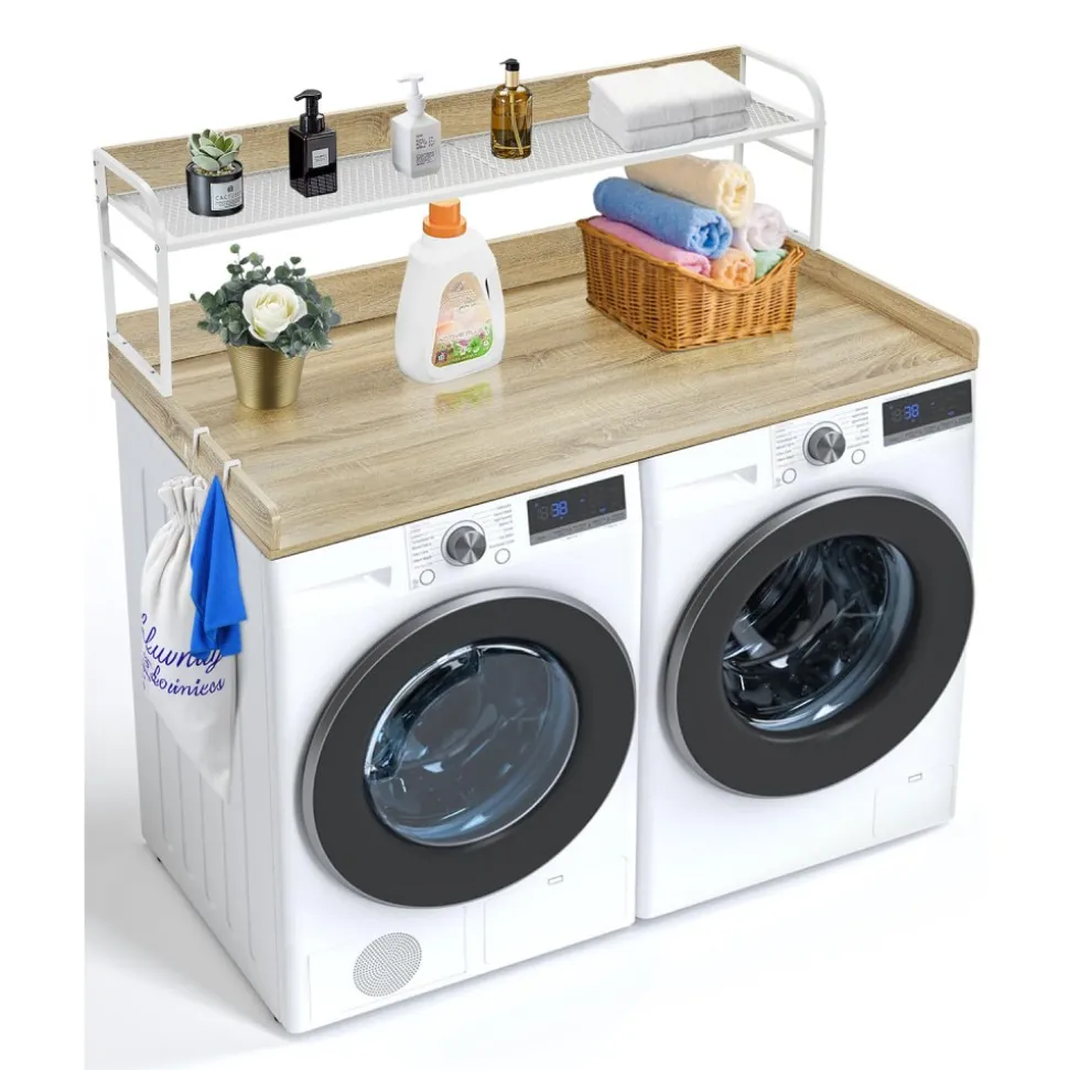 VEVOR Washer Dryer Countertop with 2-Tier Shelf, 54" x 27" Wooden Washer and Dryer Countertop with Anti-Slip Pads, Water-Resistant Laundry Topper Cover for Laundry Room Organization and Storage, Oak