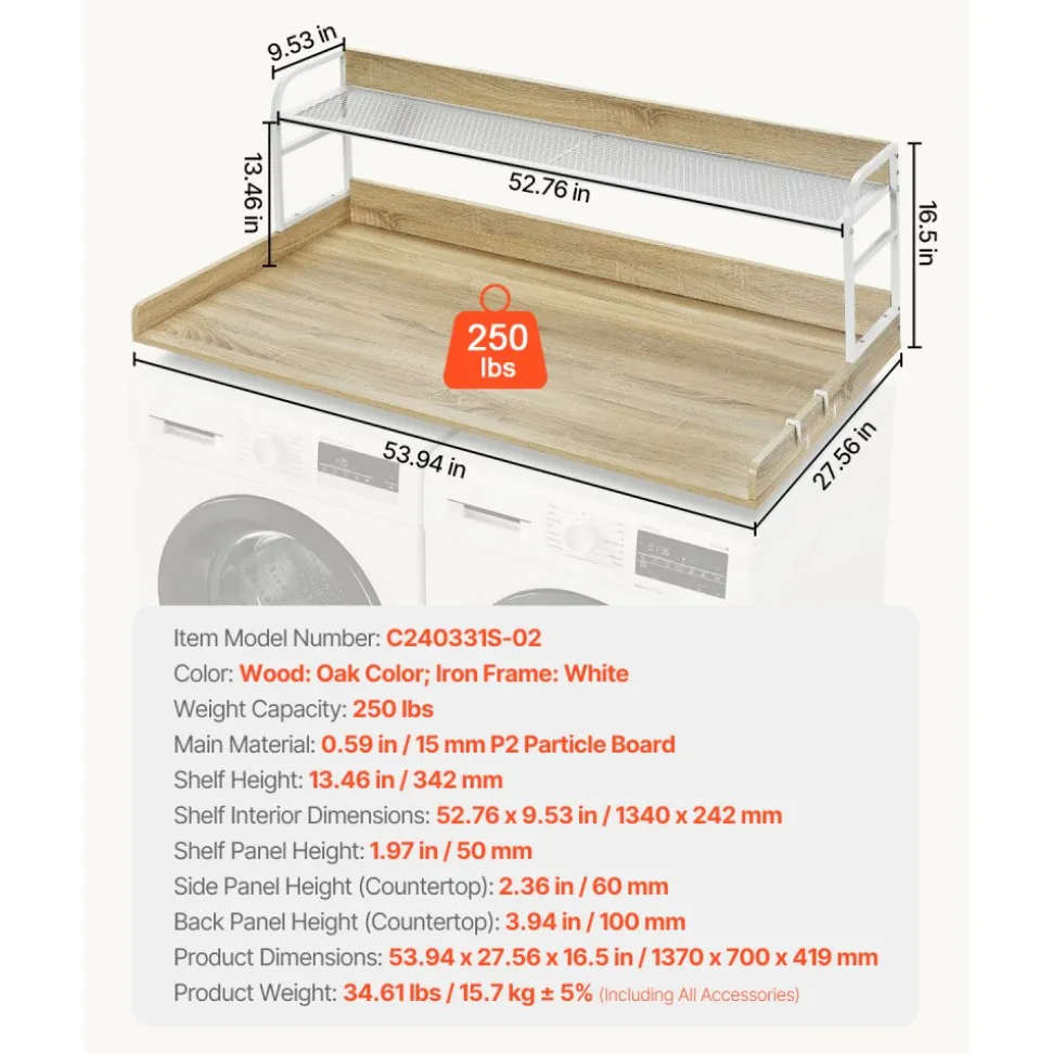 VEVOR Washer Dryer Countertop with 2-Tier Shelf, 54" x 27" Wooden Washer and Dryer Countertop with Anti-Slip Pads, Water-Resistant Laundry Topper Cover for Laundry Room Organization and Storage, Oak