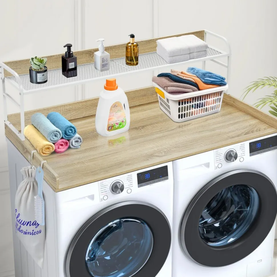 VEVOR Washer Dryer Countertop with 2-Tier Shelf, 54" x 27" Wooden Washer and Dryer Countertop with Anti-Slip Pads, Water-Resistant Laundry Topper Cover for Laundry Room Organization and Storage, Oak